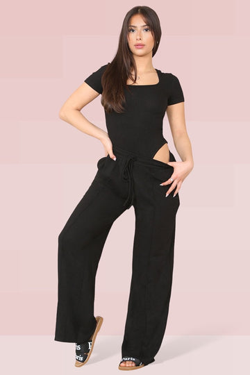 KATCH ME Black Trendy Square Neck Shaping Bodysuit & High Waist Wide Leg Trousers Co-ord Co-ord